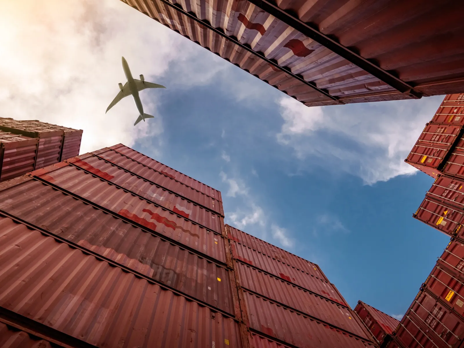 Container rossi impilati visti dal basso, con un aereo di linea che attraversa il cielo azzurro sopra di loro.